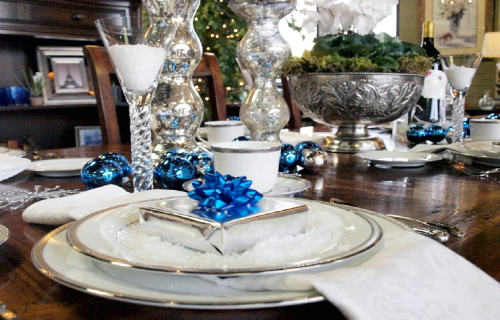 Blue and Silver Holiday Tablescape